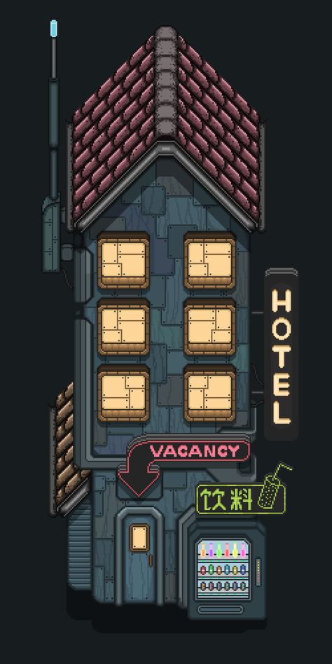 Cyberpunk Hotel, Pixel Art House, Pixel Art Building, Cyberpunk Pixel Art, Pixel Rpg Games, Rpg Game Design, Pixel Building, Isometric Pixel, Art Timelapse