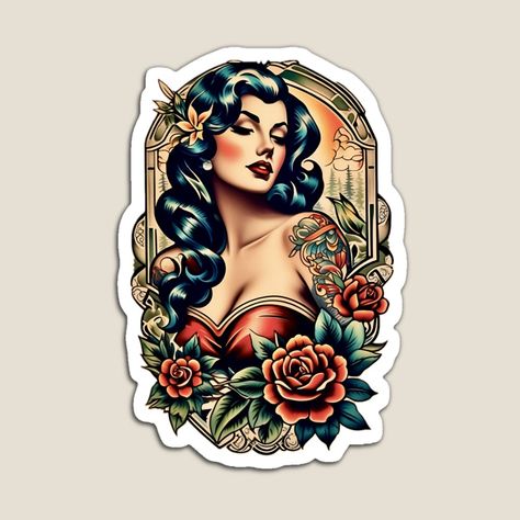 Get my art printed on awesome products. Support me at Redbubble #RBandME: https://www.redbubble.com/i/magnet/Pinup-Tattoo-by-MatrixTattoo/160111081.TBCTK?asc=u Tattoo Pinup, Traditional Tattoo Woman, Disney Pin Up, Tattoo Prints, Pinup Tattoo, Tshirt Prints, Pinup Art, American Tattoos, Pin Up Tattoos