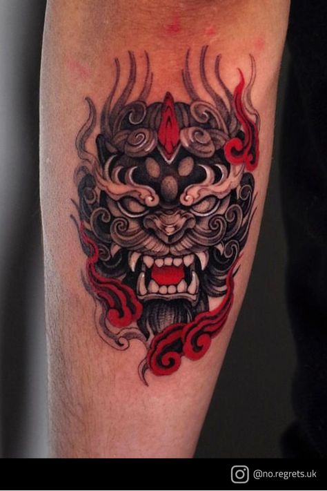 Pho Dog Tattoo, Foo Dog Tattoo Design Sleeve, Foodog Tattoo Japanese, Perro Fu Tattoo, Year Of The Dog Tattoo, Japanese Foo Dog Tattoo Design, Foo Dog Hand Tattoo, Japanese Dog Tattoo, Fu Dog Tattoo Design