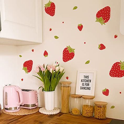 Buer Homie Wall Stickers, 48 PCS 4 Sheets, Strawberry Pattern, Fruit Theme Decals Fruit Living Room, Strawberry Room Ideas, Fruit Home Decor, Strawberry Kitchen Theme, Fruit Themed Kitchen, Strawberry Stickers, Casita Ideas, Fruit Kitchen Decor, Eclectic Kitchen Decor