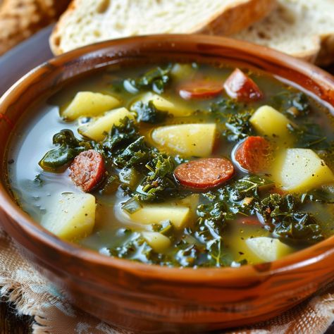 🍵 Warm up with the comforting Caldo Verde! 🌿✨ #CaldoVerde #PortugueseSoup Caldo Verde (Portuguese Green Soup) Ingredients: Kale, chopped (4 cups) Potatoes, diced (4) Chorizo sausage, sliced (1/2 lb) Onion, chopped (1) Garlic, minced (3 cloves) Olive oil (2 tbsp) Chicken broth (4 cups) Salt and pepper (to taste) Crusty bread (for serving) Instructions: In a pot, heat olive oil over medium heat. Sauté onions and garlic until translucent. Add potatoes and chicken broth; bring to a boil. Redu... Caldo Verde Recipe, Portuguese Kale Soup, Portuguese Soup, Potatoes And Chicken, Sauté Onions, Cozy Fall Recipes, Soup Ingredients, Instagram Recipes, Green Soup