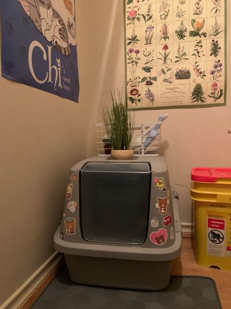 Cat litter box decorated with stickers. Cat litter box but .. AESTHETIC Cat Dorm Room Ideas, Aesthetic Cat Room Ideas, Pet Area In Apartment, Cat Setup In Bedroom, Cat Litter Box Aesthetic, Cat Litter Set Up, Diy Cat Litter Box Ideas Hidden, Kitty Litter Box Ideas, Cat Must Haves