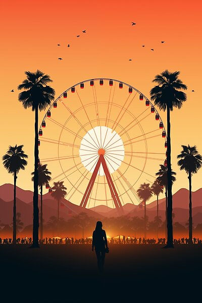 Palm Springs Festival radiates the spirit of a vibrant desert celebration, where art, music, and culture converge under the sun.  #palmsprings #coachella #coachella2024 #ferris wheel #festival #sunset #coachellavalley #palmtree #abstractart #desert #music #edm #sun #shapes #warm #vibrant #graphicdesign #yuma #mojave #california #homedecor #wallart #poster #painting #bedroom #livingroom #homeoffice #interiordesign Coachella Poster Design, Music Festival Poster Design Inspiration, Coachella Poster, Palm Springs Graphic Design, Lollapalooza Graphic Design, Palm Springs Graphic, Coachella Lineup Poster, Desert Festival, Coachella Inspiration