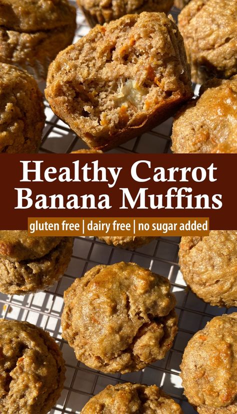 These healthy banana carrot muffins are made with almond flour and sweetened with bananas (no sugar added). This veggie packed muffin recipe is great as a side to breakfast or an afterschool snack. They're loved by kids and mom approved - gluten free, dairy free and low in sugar. Banana Veggie Muffins, Grain Free Muffin Recipes, Best Healthy Banana Muffins, Gluten Free Carrot Muffins Recipes, Gluten And Dairy Free Muffins, Low Sugar Carrot Muffins, Muffins For Diabetics Easy Recipes, Sugar Free Carrot Muffins, Almond Flour Recipes Healthy