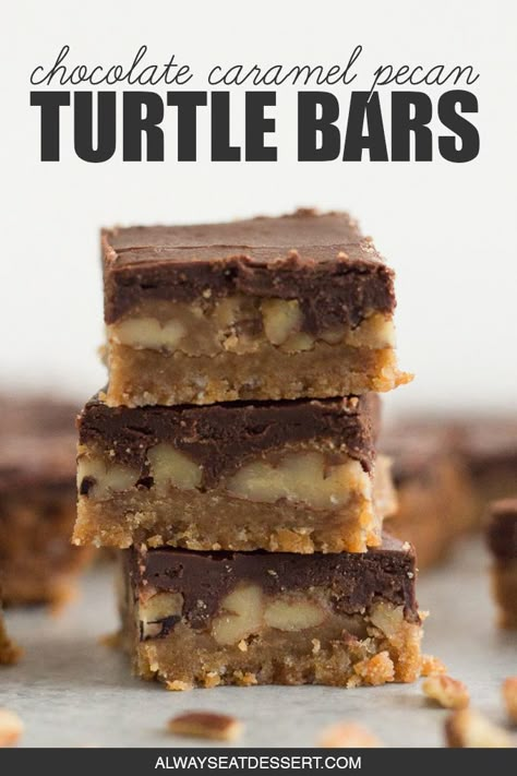 Buttery shortbread. Rich caramel. Crunchy pecans. Creamy chocolate. These chocolate caramel pecan turtle bars have it all! Plus, you'll be surprised just how easy they are to make. #dessertbars #shortbread #caramelpecan #holidayrecipes Pecan Turtle Bars, Turtle Bars Recipe, Brown Sugar Shortbread, Turtle Bars, Pecan Turtles, Buttery Shortbread, Bake Goods, Pecan Recipes, Crunchy Pecans