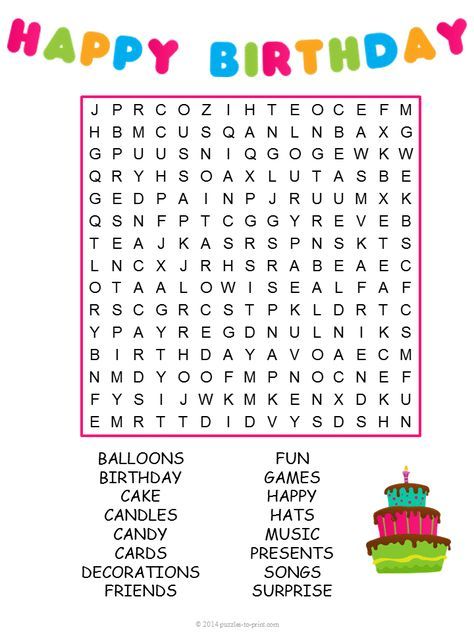 Use this birthday word search puzzle for a game at your next kids' party. Colorful and just the right number of words to find to make a fun activity. Birthday Word Search, Word Puzzles For Kids, 50th Birthday Party Games, Word Search For Kids, Kids Word Search, Happy Birthday Words, Free Printable Word Searches, Word Search Games, Birthday Words