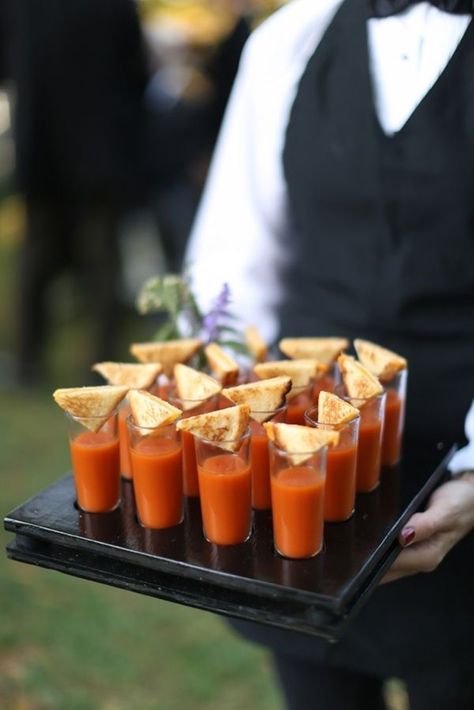 Soup Shots, Soup Shooters, Wedding Snacks, Wedding Appetizers, Reception Food, Wedding Reception Food, Food Trends, Wedding Catering, Tomato Soup