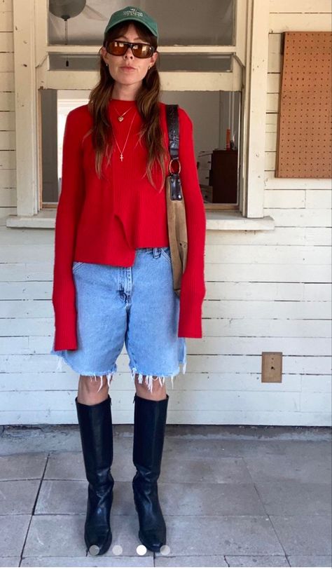 Brown Boot Outfits Winter, Read Sweater Outfit, Red Boots Street Style, Kendall Jenner Red Sweater, Tall Boots Winter Outfit, Fall Baseball Cap Outfit, Rain Date Outfit, Jorts Outfit Fall, Sweater With Jorts