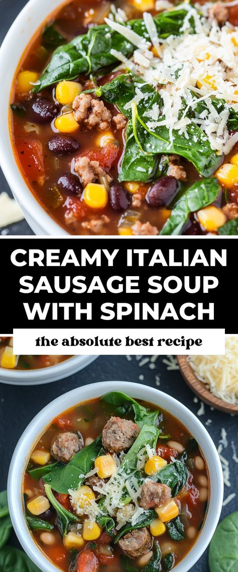 Image for Creamy Italian Sausage Soup with Spinach Sausage Spinach Soup, Healthy Spinach Recipes, Creamy Italian Sausage Soup, Spinach Recipes Healthy, Soup With Spinach, Italian Sausage Soup, Cozy Gathering, Hot Italian Sausage, Sausage Soup