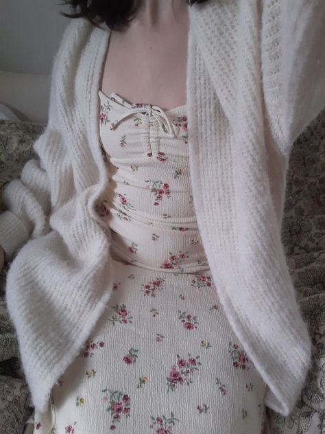 White Floral Dress With Cardigan, Coquette Dress With Cardigan, White Dress With Cardigan Summer Outfits, Cute Dress With Cardigan, Sun Dress With Cardigan, White Dress Cardigan, Cardigan Dress Outfit Aesthetic, White Cardigan With Dress, Sundress And Cardigan Outfit