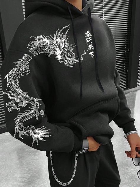 amazing quality although mine didn't come with a drawstring lmao Long Sleeve T Shirt Outfit Men, Outfit With Hoodie, Cool Hoodies Designs, Best Hoodies For Men, Graphic Hoodies Aesthetic, Estilo Harajuku, Dragon Chinese, Diy Jacket, Guys Clothing Styles