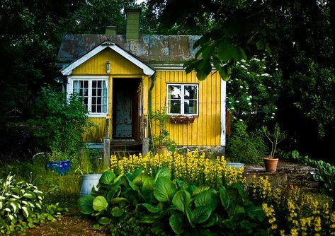 Cottage Houses, Cottage Rustic, Elsie De Wolfe, Natural Landscaping, Forest Cottage, Yellow Cottage, Little Cottages, Small Cottages, Yellow House