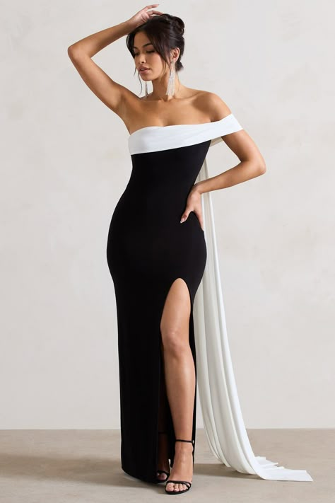 Black Long Off The Shoulder Dress, Black And White Maid Of Honor Dress, Black Bridesmaid Dresses Black Tie, Law Dinner Dresses, Black Tie Wedding Guest Dress Fall Gowns, Middle Eastern Wedding Guest Dress, Prom Dresses Black And White, White And Black Formal Dress, Statement Dress Gowns