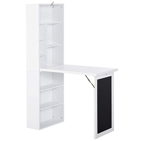 HOMCOM Fold-out Convertible Writing Desk Wall Mount Cabinet with Blackboard and Side Shelf Multi-Function Home Office Workstation, White 98 x 51 cm Convertible Desk, Folding Computer Desk, Foldable Dining Table, Fold Out Desk, Fold Down Desk, High Desk, Side Shelf, Foldable Desk, Desk Cabinet