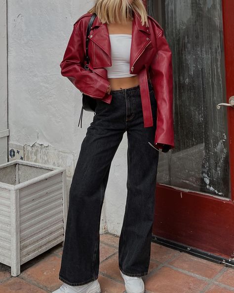 Short Red Leather Jacket Outfit, Cropped Red Leather Jacket Outfit, Red Crop Jacket Outfit, Vintage Red Leather Jacket Outfit, Leather Red Jacket Outfit, Red Winter Outfits Aesthetic, Dark Red Jacket Outfit, Red Leather Aesthetic, Red Jacket Outfit Aesthetic