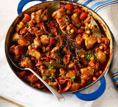 Chorizo, pork belly & chickpea casserole  - remove chickpeas, carrots and tinned tomatoes for low carb Chickpea Chorizo, Easy Family Casseroles, Chickpea Casserole, Belly Pork, How To Cook Chorizo, Vegetable Casserole, How To Cook Pork, Bbc Good Food Recipes, Pork Dishes