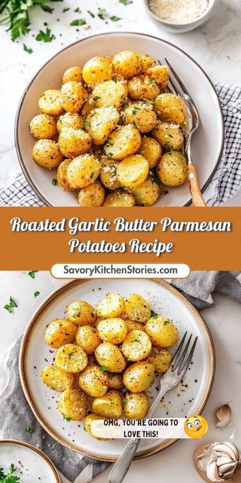 Craving a delicious side for your steak dinner? Roasted Garlic Butter Parmesan Potatoes are a mouthwatering addition that enhances any steak with their rich, buttery flavor and crispy texture. Save this recipe for your next meal to ensure your dinner is the star of the night! Roasted Garlic Butter Parmesan Potatoes, Garlic Butter Parmesan Potatoes, Butter Parmesan Potatoes, Garlic Butter Potatoes, Roasted Garlic Butter, Parmesan Potato Recipe, Garlic Parmesan Potatoes, Butter Potatoes, Parmesan Potatoes