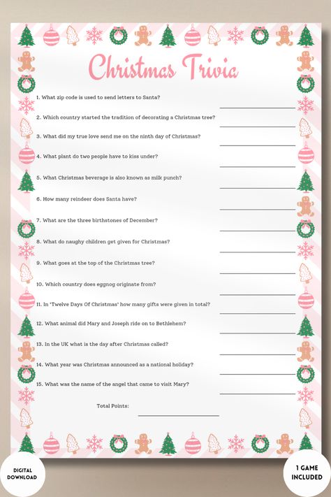 Christmas Trivia Game. Test your holiday knowledge with an Xmas quiz. Play alone or team up and see who gets the answers first! Christmas Trivia Questions And Answers, Christmas Quiz Questions, Christmas Trivia Game, Holiday Trivia, Christmas Trivia Questions, Christmas Trivia Games, Holiday Facts, Christmas Quiz, Activities Printable