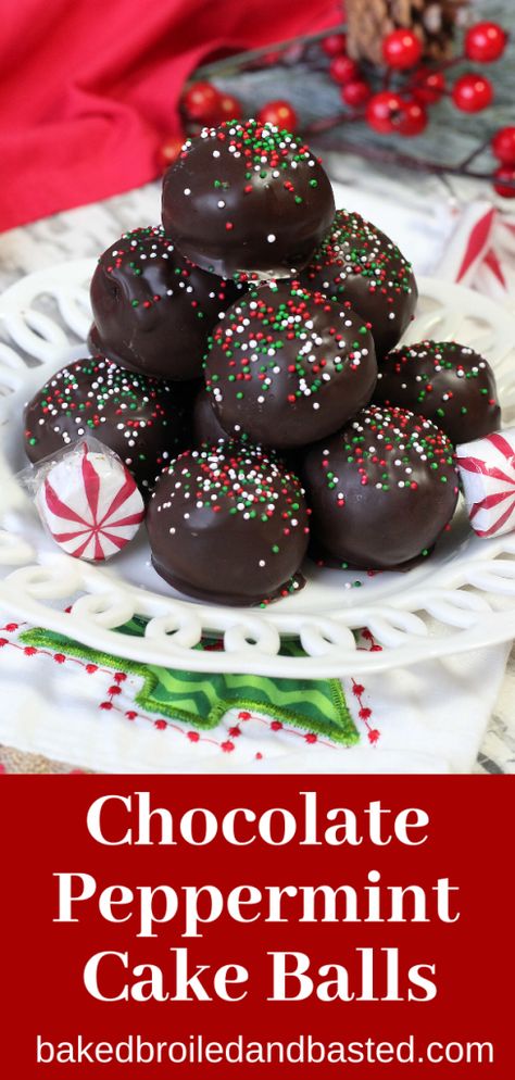 Chocolate Peppermint Cake Balls - Baked Broiled and Basted Food Photography Chocolate, Christmas Cake Balls, Photography Chocolate, Chocolate Peppermint Cake, Cake Ball Recipes, Peppermint Cake, New Year's Desserts, Everything Christmas, Champagne Cake