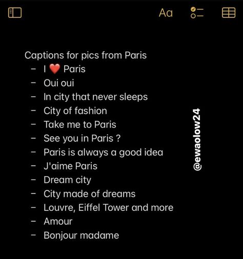 Captions For Paris Pictures, French Ig Captions, Paris Captions Instagram Aesthetic, Eiffel Tower Captions Instagram, Travel Photo Dump Caption, Xoxo Captions, Paris Ig Captions, Paris Insta Captions, Nyc Insta Captions