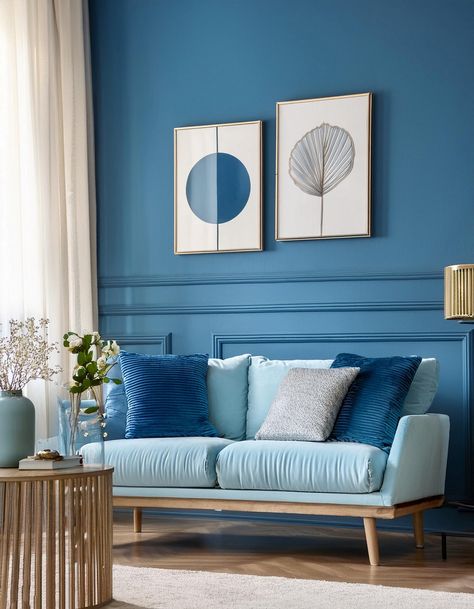 Blue Accent Wall Cream Living Room Ideas, Blue And Cream Living Room, Office Bedroom Ideas, Blue Accent Wall, 70s Living Room, Cream Living Room, Blue Velvet Armchair, Blue Coffee Tables, Cream Living Rooms