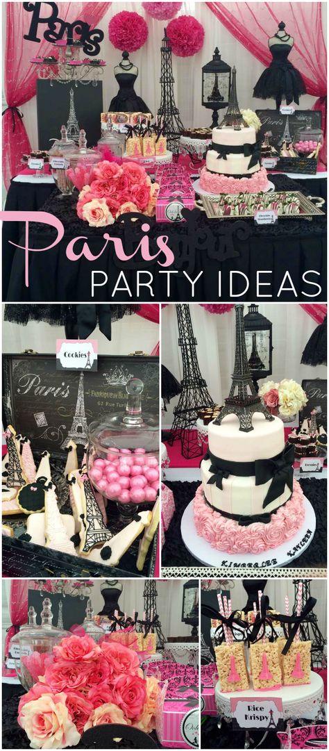 What a gorgeous pink and black Paris birthday party! See more party ideas at CatchMyParty.com! Paris Party Ideas, Pink And Black Party, Paris Themed Party, Paris Sweet 16, Paris Birthday Theme, Paris Cake, Paris Themed Birthday Party, Paris Baby Shower, French Party