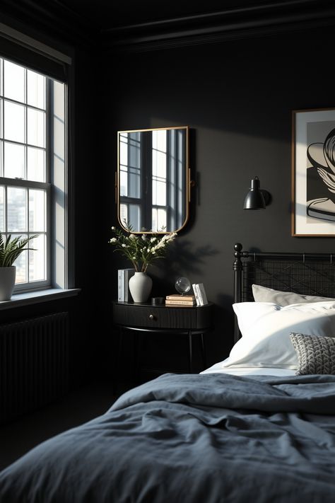 Looking to transform your space? Check out these 15 inspiring ideas for creating a breathtaking black bedroom! From elegant black and white contrasts to trendy accent pieces, there’s something for everyone. Get inspired to play with textures, furniture arrangements, and paint colors that will make your bedroom your personal sanctuary. With these tips, you'll create a stylish retreat that showcases a modern aesthetic without compromising warmth and comfort. Perfect for both large and small spaces Dark Themed Room Aesthetic, Black Walled Bedroom, Black Focal Wall Bedroom, Small Black Room, Black Painted Walls Bedroom, Dark Bedroom Ideas Black, Tricorn Black Bedroom, Moody Small Bedroom, Bedroom Aesthetic Black And White