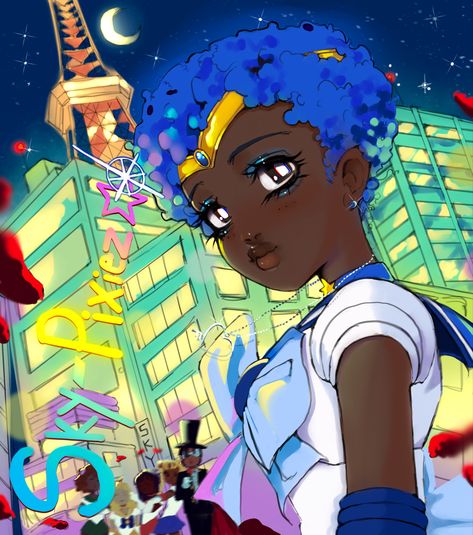 Self Insert, Black Cartoon Characters, Black Art Painting, Sailor Mercury, Sailor Moon Art, Black Anime Characters, Black Artwork, Black Cartoon, Black Love Art