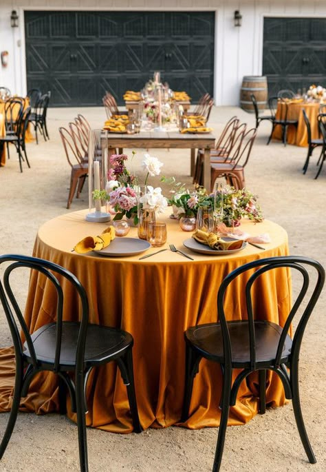 Modern mauve, blush, and mustard late summer wedding at Greengate Ranch - 100 Layer Cake Fall Yellow Wedding, Blush Wedding Ideas, Mustard Yellow Wedding, Mustard Wedding, Yellow Tablecloth, Yellow Wedding Theme, Late Summer Weddings, Summer Wedding Decorations, Backdrop Wedding