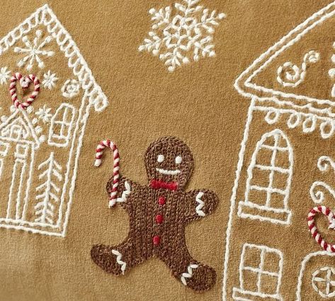 Christmas & Holiday Pillows | Pottery Barn Gingerbread Embroidery, Pottery Barn Christmas Decor, Pottery Barn Christmas, Gingerbread Village, Velvet Yarn, Christmas Embroidery Patterns, Christmas Pillows, Warm Christmas, Holiday Pillows