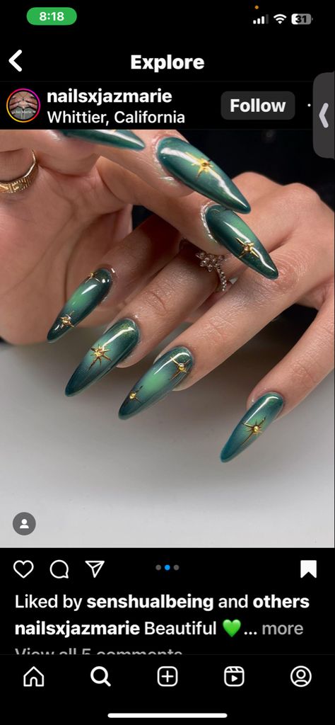 Small Stiletto Nails, Peacock Green Nails, Peacock Nail Designs, Peacock Nails, Fall Nail Designs, Stiletto Nails, Green Nails, Nail Inspo, Nail Art Designs