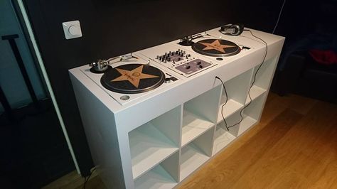 The project for my DJ Booth started with my turntables and mixer, since one turntable was black and the other silver. Dj Desk, Dj Console, Waterbed Frame, Turntable Furniture, Turntable Setup, Marshmello Dj, Dj Stand, Dj Table, Dj House