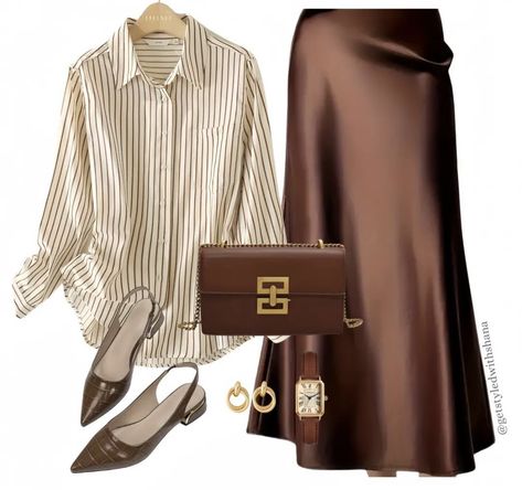 White Shirt And Skirt Outfit Casual, Fancy Fall Outfits Classy, Brown Satin Maxi Skirt Outfit, Long Silky Skirt Outfits, Brown Cream Outfit, Brown Skirt Outfit Hijab, Silk Skirt Styling, Brown Office Outfit, Hospital Interview Outfit