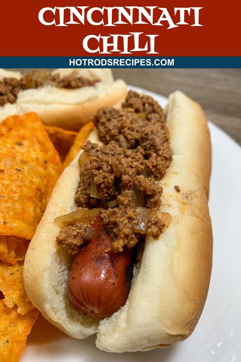 This Classic Cincinnati Chili goes great on Hot Dogs or Pasta. Easy to make and ready in a little under 3 hours. #cincinnatichili #chilirecipes #chilihotdogs #hotrodsrecipes Gourmet Chili Recipe, Easy Hot Dog Chili Recipe, Chili Dog Sauce Recipe, Coney Dog Sauce, Easy Hot Dog Chili, Hot Dogs Chili, Gourmet Chili, Hot Dog Chili Sauce Recipe, Chili Dog Sauce