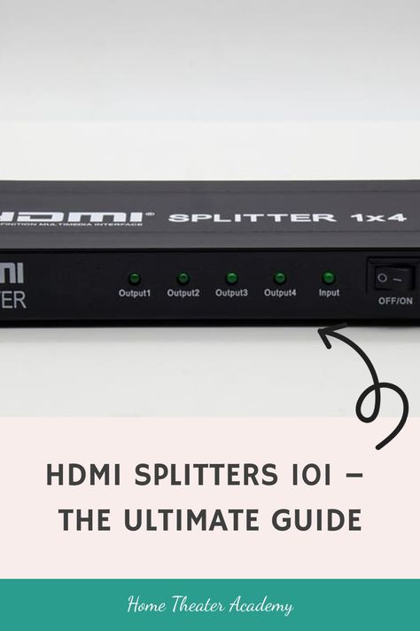 HDMI splitter with multiple output ports, accompanied by text "HDMI Splitters 101 – The Ultimate Guide". Visual Data, Hdmi Splitter, Theater Rooms, Home Theater Design, Home Theater Rooms, Home Theater Projectors, Hdmi Cables, Surround Sound, Sound Bar