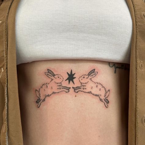 Thank you Jamie!!! 🖤 I’m soooo stoked on this one! This tattoo will live rent free in my head forever n ever 🐇 Blackwork Rabbit Tattoo, Animal Collar Bone Tattoo, Two Rabbits Tattoo, Forever And Ever Tattoo, Two Bunny Tattoo, Ween Tattoo, Rabbit Tattoo Ideas, Phoebe Bridgers Tattoo, Winter Tattoo