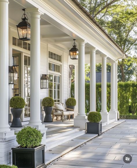 French Cottage Front Porch, Exterior Columns, White Exterior Houses, House Front Porch, The Enchanted Home, Front Porch Design, Dog Days Of Summer, Enchanted Home, House With Porch