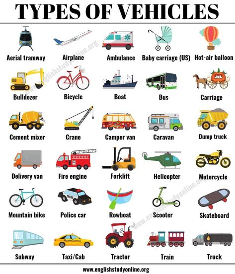 Types Of Vehicles, Learn Portuguese, Learning English For Kids, English Vocab, Kids English, Good Vocabulary, English Language Teaching, English Lessons For Kids, English Writing Skills