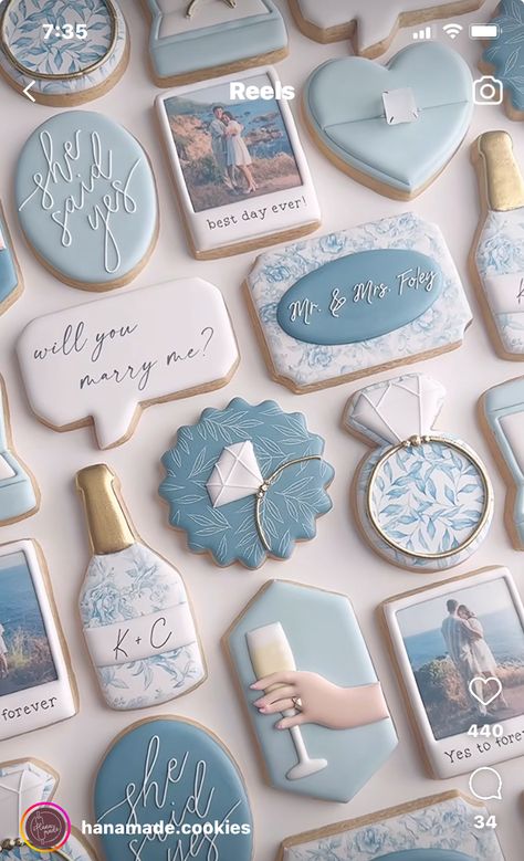 Blue Bridal Cookies, Something Blue Cookies, Blue Wedding Cookies, Dusty Blue Wedding Cookies, Blue Engagement Cookies, Baby Blue Bridal Shower Ideas, Wedding Cookies Dusty Blue, Blue Wedding Cookies Decorated, Blue Bridal Shower Cookies