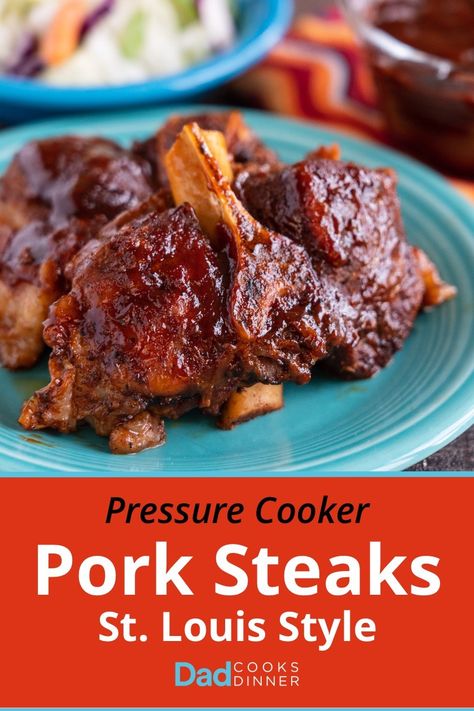 Pressure Cooker Pork Steaks, St. Louis BBQ Style. Pork shoulder steaks, BBQ style, ready in about an hour from an Instant Pot or pressure cooker. #InstantPot #PressureCooker #Recipe #PorkSteak #Food Instant Pot Pork Steaks, Pork Shoulder Steak Recipes, Pork Shoulder Steaks, Homemade Barbecue Sauce Recipe, Pork Shoulder Steak, Pork Steak Recipe, Pressure Cooker Pork, Pork Steaks, Homemade Barbecue Sauce