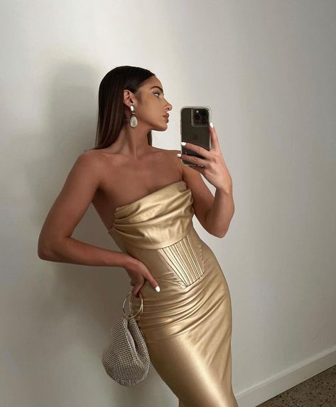 Lavish Alice on Instagram: “Dripping gold 🤍 @sofiackapiris wears our Metallic Vegan Leather Corset Midi Dress in Gold 🔥 Shop now at LavishAlice.com” Gold Satin Corset Dress, Golden Corset, Luxury Elegant Leather Corset, Elegant Gold Midi-length Bodycon Dress, Luxury Gold Corset For Women, Lavish Alice, Corset Midi Dress, Leather Corset, One Shoulder Dress