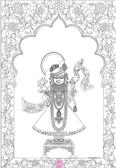 Pichwai Shreenathji Sketch, Pichwai Sketch Outline, Shrinathji Drawing, Shreenathji Drawing, Shreenathji Painting Sketch, Pichwai Drawing, Indian Traditional Paintings, Pichwai Painting, Ancient Drawings