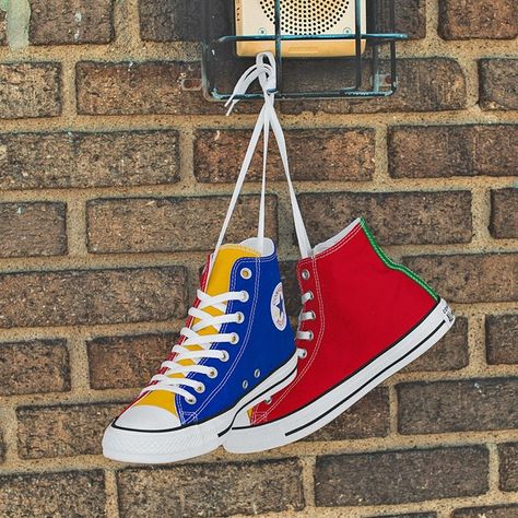 Converse Chuck Taylor All Star Hi Color-Block Sneaker | Journeys Color Block Converse, Yellow Chuck Taylors, Rainbow Converse, Chucks Style, Baskets Converse, Dr Shoes, Hype Shoes, Aesthetic Shoes, Star Sneakers