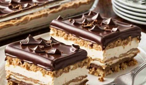 No-Bake Peanut Butter Eclair Cake - Valerie Recipes No Bake Peanut Butter Eclair Cake, Peanut Butter Eclair Cake, Peanut Butter Eclair, Katie Biegel No Bake Eclair Cake, No Bake Chocolate Peanut Butter Eclair Cake, No Bake Chocolate Eclair Icebox Cake, Chocolate Eclair Refrigerator Cake, Eclair Dessert, Eclair Cake Recipes