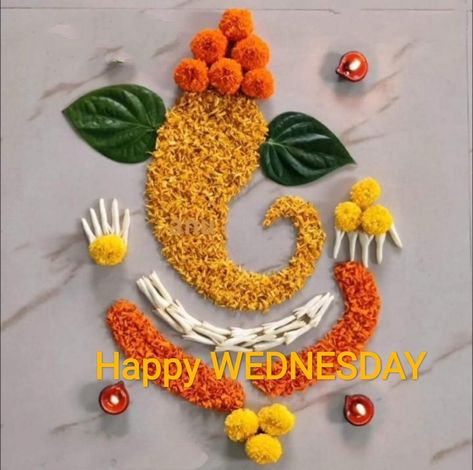 Ganapati Flower Rangoli, Simple Flower Rangoli Ganpati, Rangoli Designs In Flower, Ganesh Rangoli With Flowers, Flowers Rangoli Designs Ideas Simple, Ganpati Flower Rangoli, Rangoli With Flowers And Colours, Ganeshji Rangoli, Ganpati Rangoli Simple