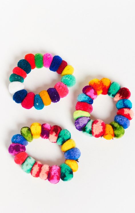 Pamela V ~ Sara Pom Pom Scrunchie ~ Multi Colored  | Show Me Your Mumu Pom Pom Hair Ties, Boys Jewelry, Elastic Rope, Wedding Jewelry Bracelets, Scrunchie Hairstyles, Bottom Clothes, Wedding Bracelet, Black Beads, Beautiful Bracelet