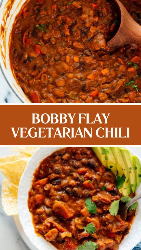 Bobby Flay Vegetarian Chili Bobby Flay Chili Recipe, Bobby Flay Chili, Bobby Flay Recipes, Beans Vegetable, Vegetarian Chili Recipe, Carrots Celery, Hearty Meal, Bobby Flay, Vegetable Broth