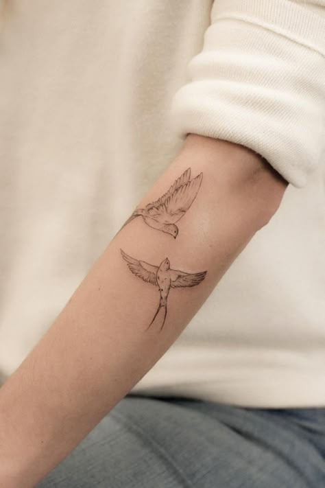 Delicate Swallow Tattoo, Matching Swallow Tattoos, Dainty Swallow Tattoo, Swallow Tattoo Placement, Skylark Tattoo, Swallows Tattoo Design, Tattoos Of Birds, Bird Tattoo Fine Line, Swallow Tail Butterfly Tattoo