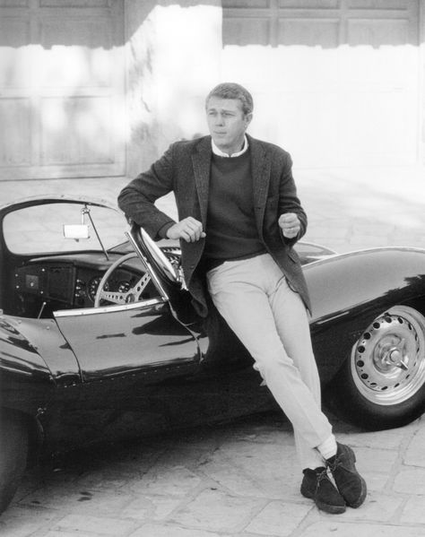 Steve Mcqueen Casual Style Steve Mcqueen Cars, Jaguar Xkss, Steve Mcqueen Style, Steve Mc, Oxford Brogues, Jaguar Xk, Funny Tattoos, Celebrity Travel, Outdoor Quotes