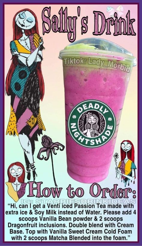 Wednesday Addams Starbucks Drink, Starbucks Drinks Disney, Starbucks Anime, Frankenstein Hair, Starbucks Halloween Drinks, Starbies Drinks, Starbucks Ideas, Disney Cocktails, Starbucks Drink Menu